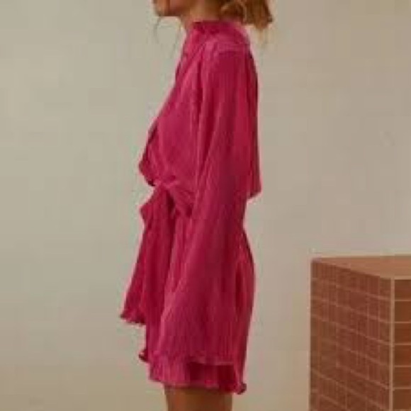 Pink V Neck Button Down Pleated Long Sleeve Mini Shirt Dress Belt Size L Party - Picture 2 of 6